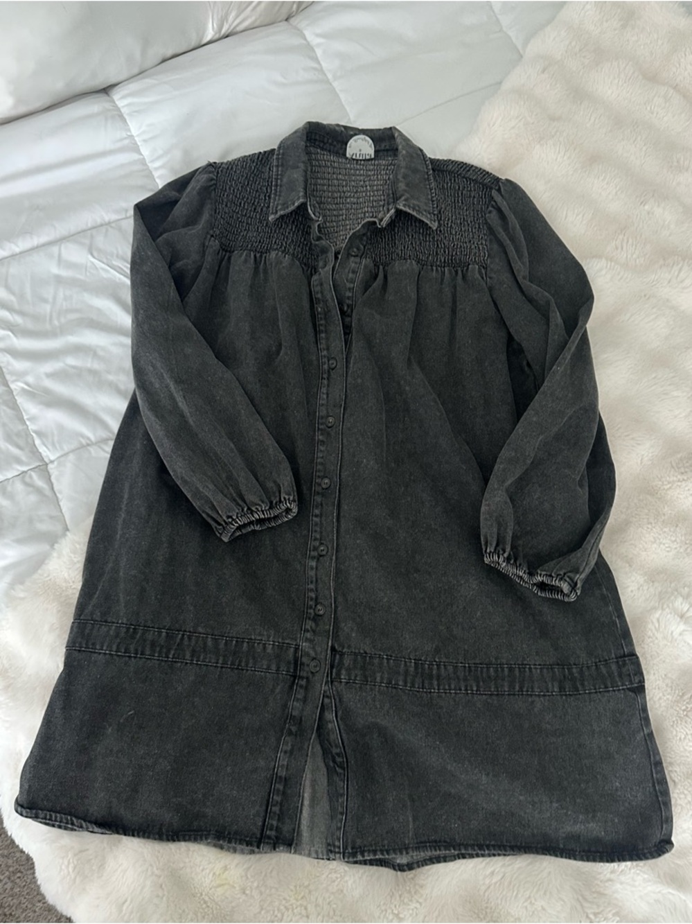 Arula Washed Black Button-Front Smocked Denim Dress